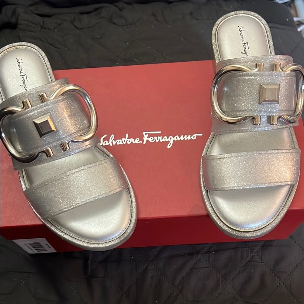 Salvatore Ferragamo Silver Sandals with Signature Hardware